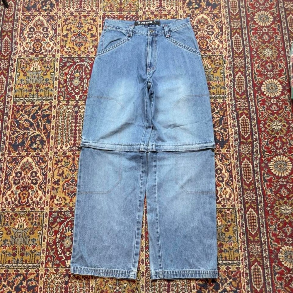 VTG 90s 00s Joe‎ Boxer 8 Ball logo leather patch zip off blue denim jeans 30x31